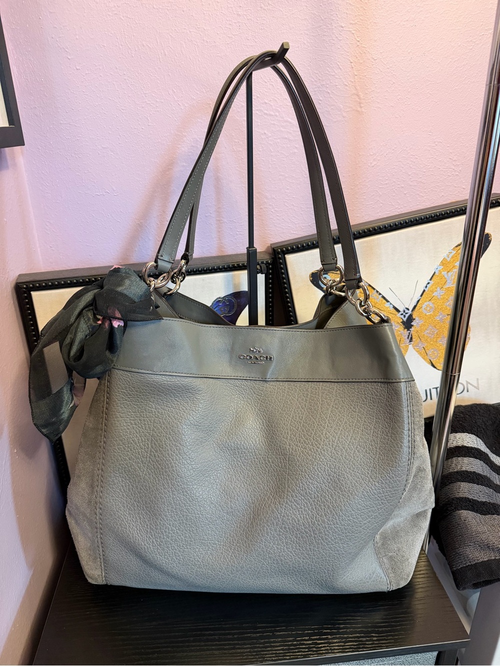 Coach Gray Leather Shoulder Tote with Scarf Accent